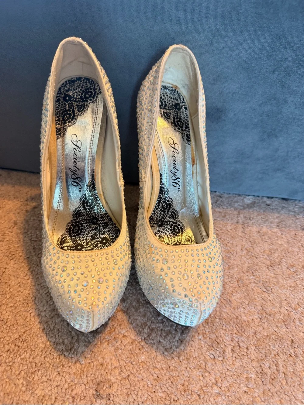 Embellished Crystal Platform High Heels - Ivory